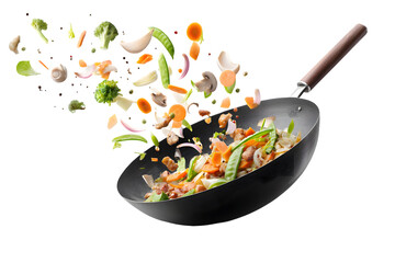 Wok Cooking Stir Fry with Chicken and Vegetables – Floating Elements, Transparent Background