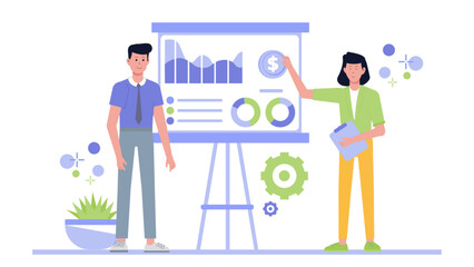 Two colleagues share financial data on a whiteboard. Perfect for presentations, team meetings, business reports, corporate communications, and financial concepts.