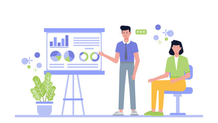 Man presents data charts to woman during business meeting. Suitable for corporate presentations, finance reports, team collaborations, and business discussions.
