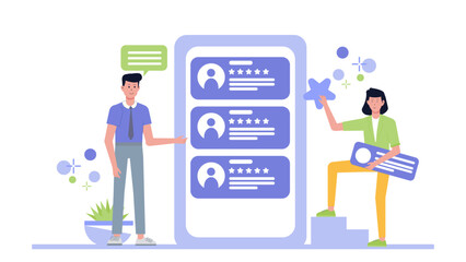 Online reviews concept portrayed with two people adding stars and feedback, suitable for websites, social media, reviews platforms, and business.