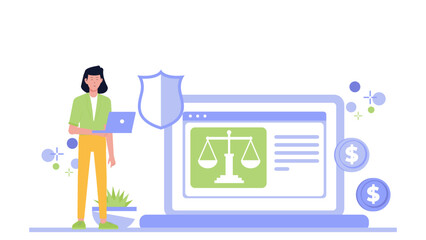 Woman using a laptop with legal scales and a shield, perfect for law and justice concepts or legal technology websites.