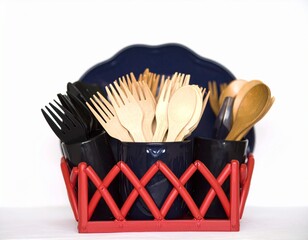 Wooden and Black Kitchen Utensils Flatlay