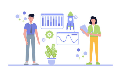 Two people analyzing graphs, a rocket, and a plant. Suitable for showcasing data analysis and growth in business or education presentations.
