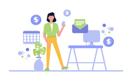 Title Woman managing online finances at her desk. Suitable for finance blogs, online banking websites, and social media posts.
