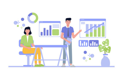 Two people analyzing business data with charts and graphs. Ideal for financial reports, business presentations, and stock market analysis.
