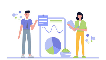 Two colleagues analyze graphs and notes on a tablet, ideal for business presentations, teamwork concepts, data analysis, and technology themes.