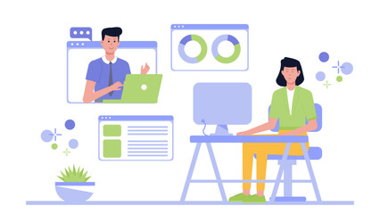 Woman and man video conferencing, perfect for remote work, business discussions, online meetings, connecting with colleagues, virtual collaboration.