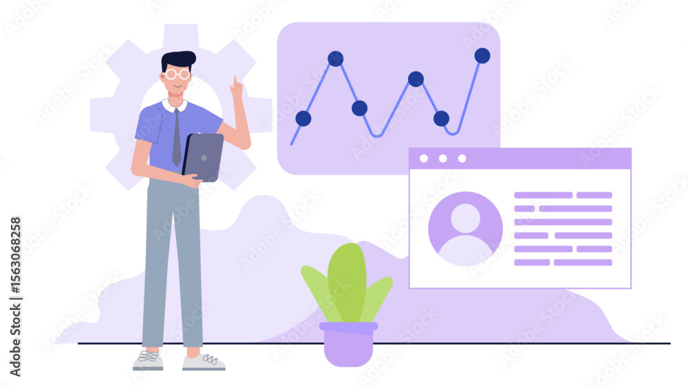 Poster man analyzing charts and a profile for business presentation and data analysis concepts. suitable fo