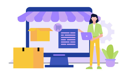 Online shopping concept featuring woman with boxes and laptop. Perfect for ecommerce websites, blogs, and social media posts.