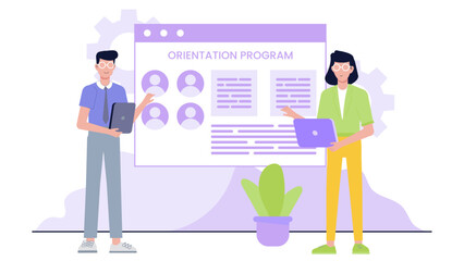 Orientation program webpage featuring two presenters and a plant, suitable for corporate training materials or virtual onboarding platforms.