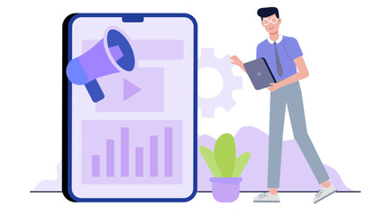 Man analyzing mobile app performance data and marketing strategy. Ideal for technology, business, data analysis, and digital marketing concepts.