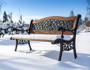 Wooden Bench in Snowy Landscape
