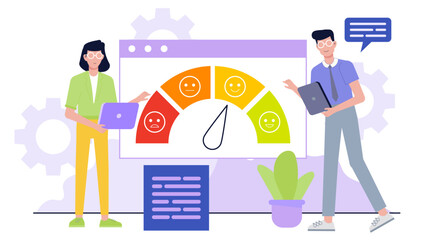 Two colleagues study customer feedback using a visual chart, suitable for business and data analysis concepts in presentations or reports.