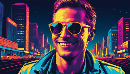 Smiling Man in Sunglasses, Vibrant 80s Cityscape Background