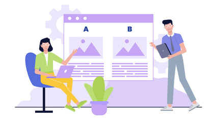 Ab testing illustration of two people analyzing website designs. Suitable for web development articles, marketing presentations, and data analytics blogs.