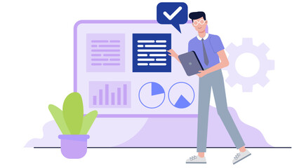 Man presents data charts and graphs on a digital screen. Perfect for business presentations, financial reports, analytics concepts, and technology themes.