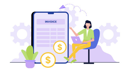 Woman using a phone to view an invoice. Suitable for finance, technology, mobile usage, billing, online transactions, communication concepts.