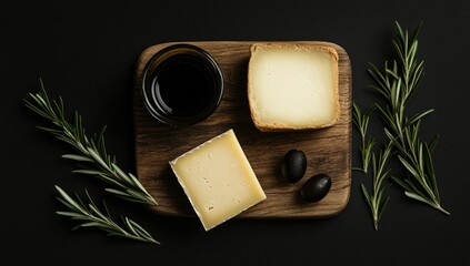 Two types of cheese, balsamic vinegar, and rosemary sprigs on a wooden board