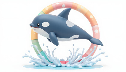 Dynamic illustration of a killer whale (orca) leaping from the water. Represents marine life, power, or aquatic shows. Energetic and majestic.

