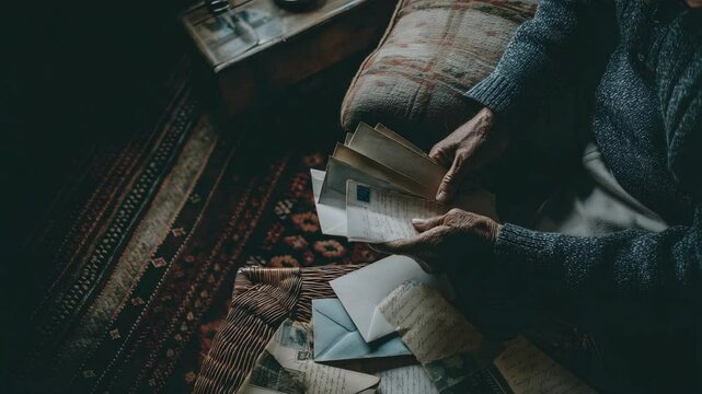 Elderly person reading old letters and postcards