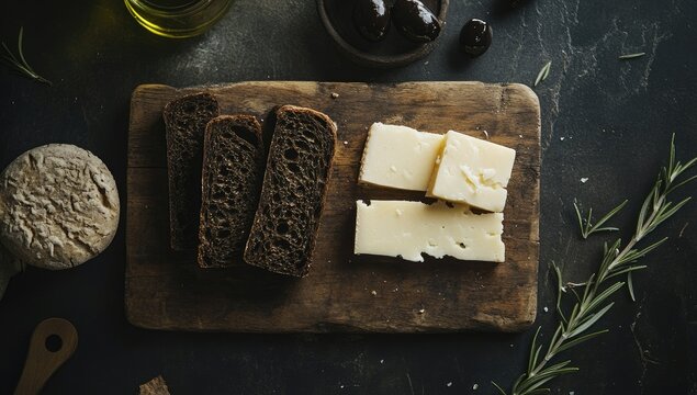Rustic wooden board with dark bread, cheese, and rosemary