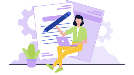 Woman typing on a laptop while reviewing a document. Suitable for business, technology, work from home, multitasking, and office concepts.