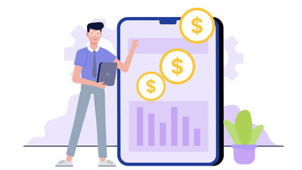 Man using a mobile app to track finances. Suitable for financial technology concepts, budgeting services, personal finance apps, and online banking themes.