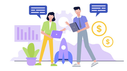Two people discussing business strategy for their startup. Suitable for entrepreneurship, business planning, teamwork, and startup concepts.