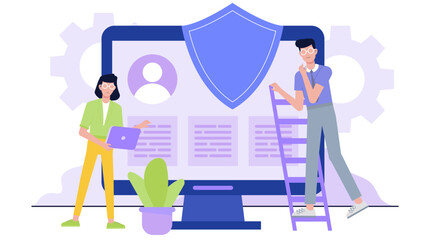 Online data protection with two people. Suitable for cybersecurity concepts, internet safety blogs, tech websites, data privacy graphics, and online security materials.
