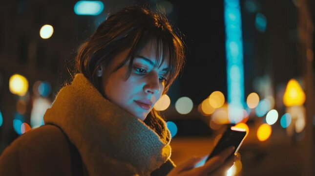 Close-up of a person scrolling on a smartphone while walking through a busy city street. Concept of modern connectivity and digital distraction.

