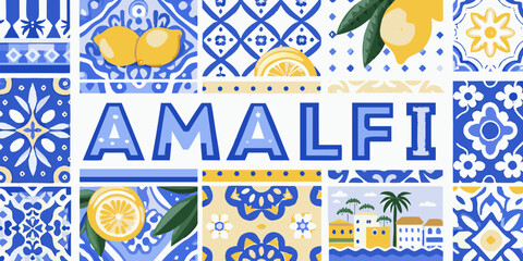 Vibrant Amalfi Coast Inspired Tile Pattern with Lemons and Coastal Scenery Illustration
