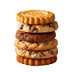 Stack of assorted delicious cookies with chocolate chips and nuts isolated on transparent background