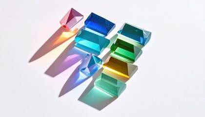 Arrangement Of Colorful Crystalline Glass Objects With Rainbow Light Reflections and Shadows