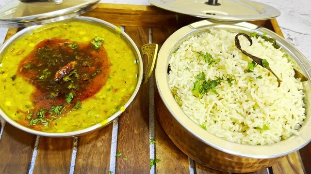 Cumin Rice and Lentil Served in Steel Bowls