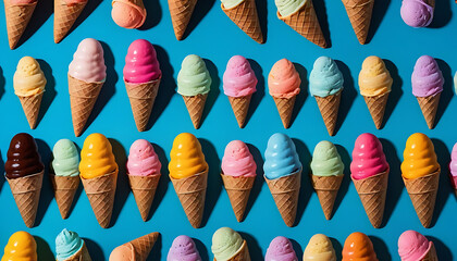 Colorful Ice Cream Cones Pattern on Blue Background