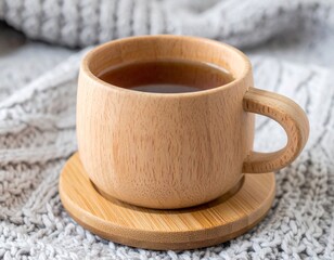 Wooden Cup of Tea on Wooden Coaster with Knitted Fabric