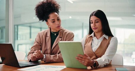 Tablet, business women and team brainstorming in office for investment, trading or results. Laptop, conversation and workers planning in meeting for financial update, graphs and stock market analysis - Powered by Adobe
