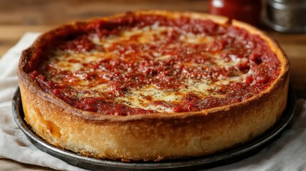 Chicago Deep Dish Pizza with Tomato Sauce and Melted Mozzarella Cheese
