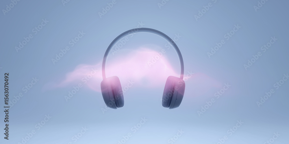 Poster black wireless headphones with a sleek design are suspended in mid-air against a soft gradient backg
