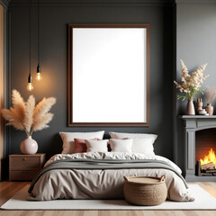 Luxury Bedroom Interior Design Mockup with Fireplace  Pampas Grass