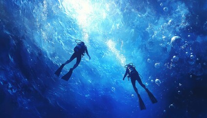 Two scuba divers ascend through deep blue water.  Sunlight streams through the surface, illuminating bubbles rising around them.  Silhouette figures of divers,  visible from below