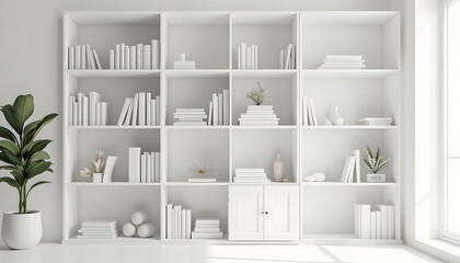 Empty white bookshelves against a blank wall. Represents minimalism, organization, knowledge, or design space. Clean and versatile.

