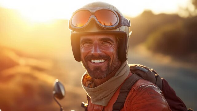 Joyful Motorcyclist Bathed in Golden Sunlight