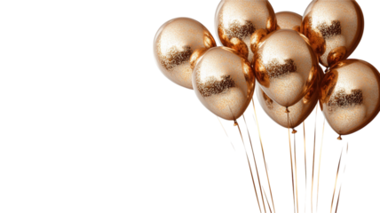 golden balloons floating on transparent background, festive celebration concept