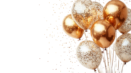 golden balloons floating on transparent background, festive celebration concept