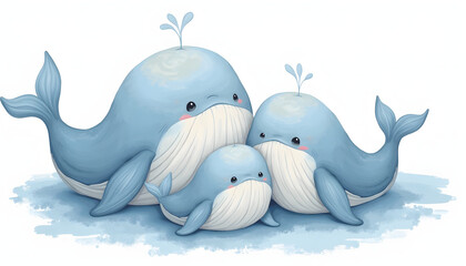 Adorable cartoon whale family with parent and baby whales. Represents marine life, family love, or children's themes. Sweet and heartwarming.

