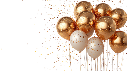 golden balloons floating on transparent background, festive celebration concept