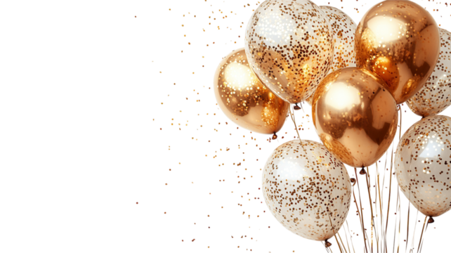 golden balloons floating on transparent background, festive celebration concept