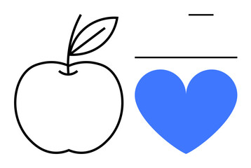 Apple outline with leaf, blue heart shape, and geometric lines. Ideal for health, nutrition, wellness, simplicity, fitness, healthy habits and a simple landing page