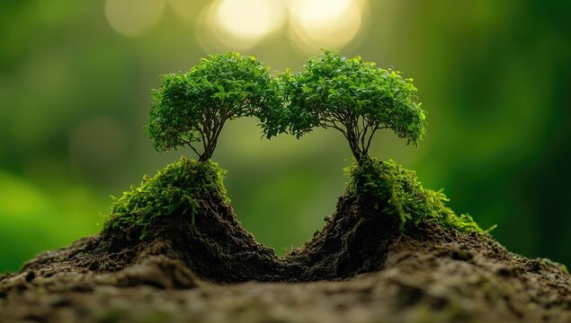 Two small trees on mossy mounds, bathed in soft light